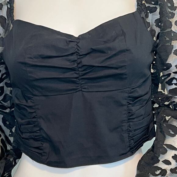 Women's Zara Contrasting Animal Print Organza Puff Sleeve Crop Top Black - Picture 5 of 13